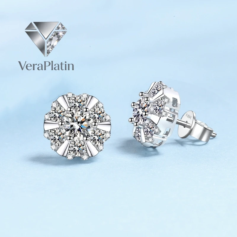 

ВераПлатин Женские обручальные серьги-гвоздики из белого золота 18 карат с муассанитом 0.5 карата, платина PT950, подарок на день рождения для девушки/жены