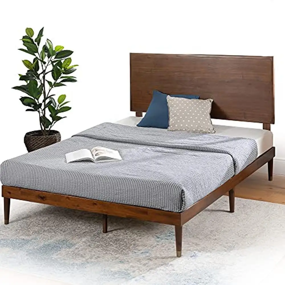 Wood Platform Bed Frame Adjustable Headboard Solid Acacia Foundation Slat Support No Box Spring Needed Mid-Century Elegance Easy