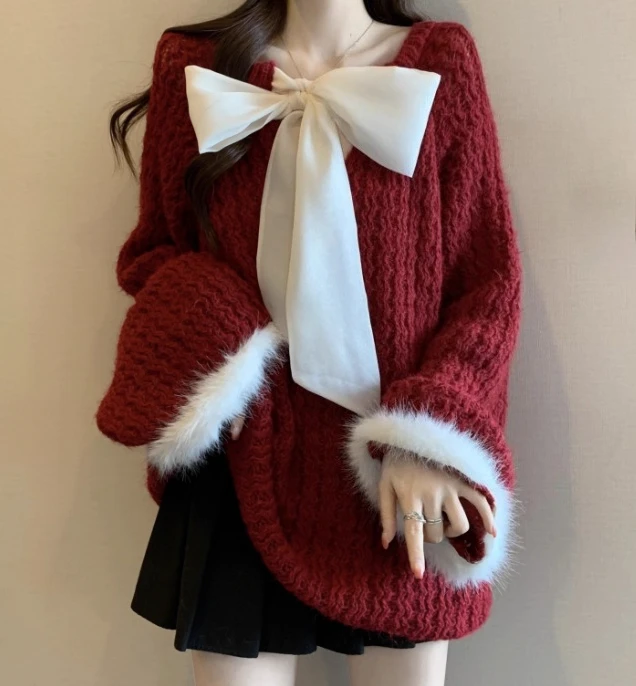 Picture 7: Women Autumn Winter Large Size V-neck Sweet Bow Sweater Fashione Red Medium Long Versatile Age-reducing Christmas Knitted Top