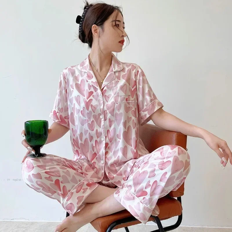 New Pajamas Satin Silk Spring Summer Short Sleeves Long Pants Love Heart Thin Sleepwear Women Cool Pijamas Womens Pyjamas Girl