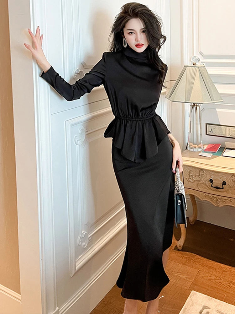 

New Spring Autumn Satin 2 Piece Outfit Elegant Women Temperament Formal Ruffle Tops Shirt Blouse High Waist Midi Skirt Mujer Set