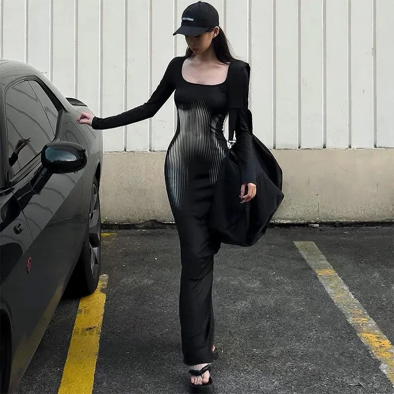 Langarm Quadrat Kragen Kleider Frauen Kleidung Schwarz Druck Tunika Robe Femme Mode Temperament Bodycon Maxi Kleid