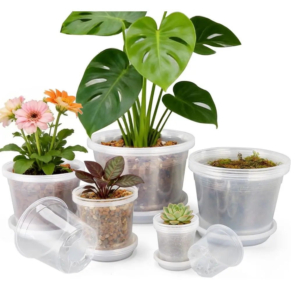 20 Pack Clear Plastic Nursery Pots with Drainage and Saucers, Ideal for Seedlings, Plants, and Growing Flowers & Vegetables