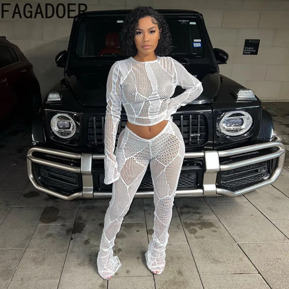 

FAGADOER Fashion Hollow Out Knitting Two Piece Sets Women Round Neck Long Sleeve Crop Top + Skinny Pants Outfits Sexy Streetwear