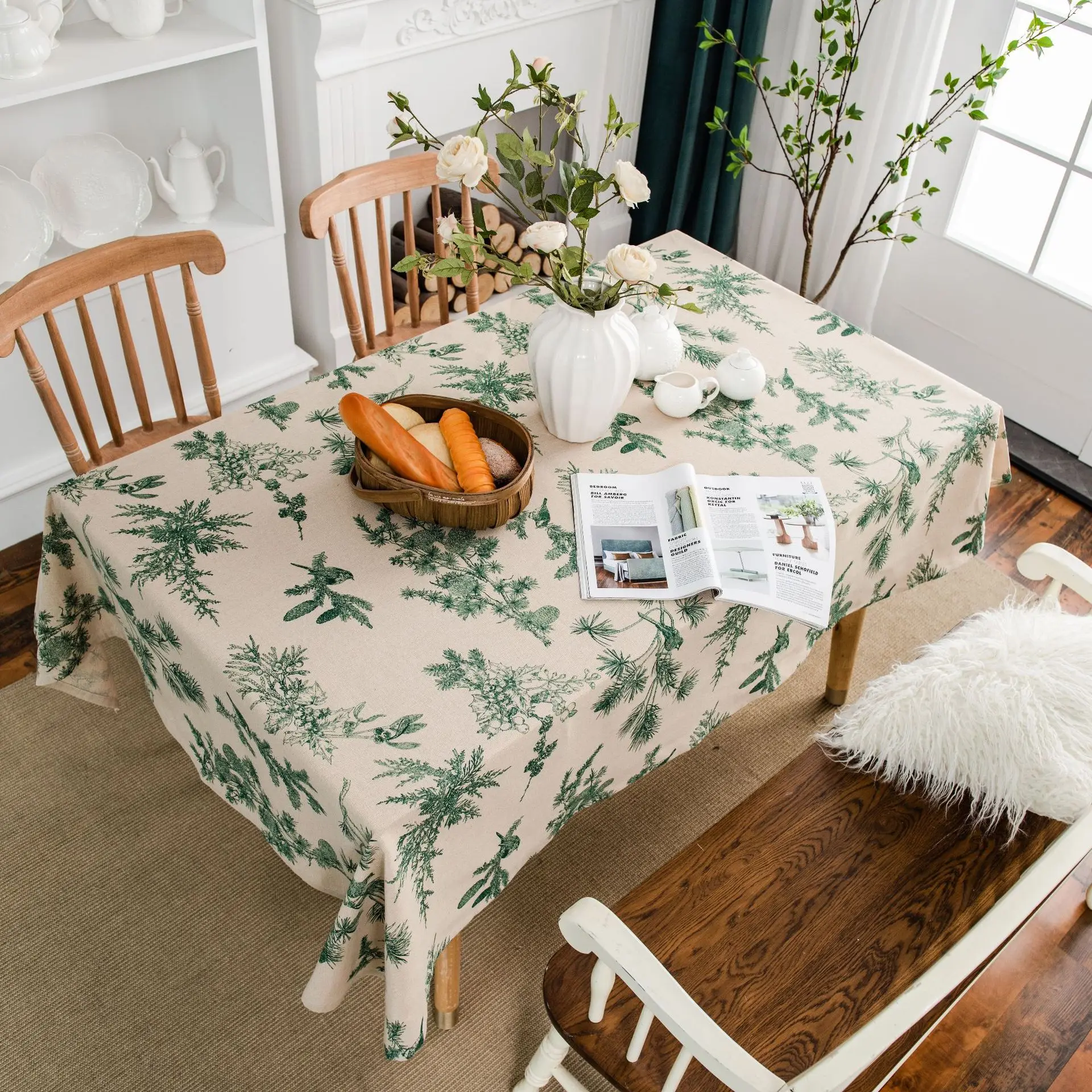 

Cotton Linen Tablecloth, Beige Green Pine Trees Cones, American Rural and Pastoral Style, Table Cover Decoration