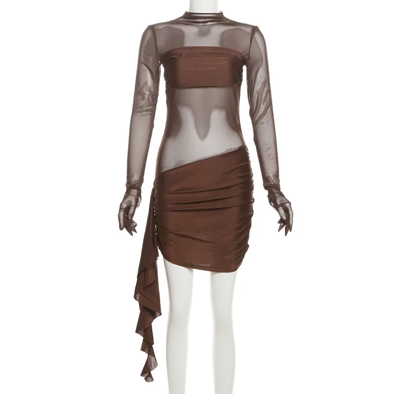 DSMTRC Female 2025 Brown See Through Low Waisted Party Dresses Sexy Pullover Mesh Women Long Sleeve Clubwear Y2K Mini Vestidos