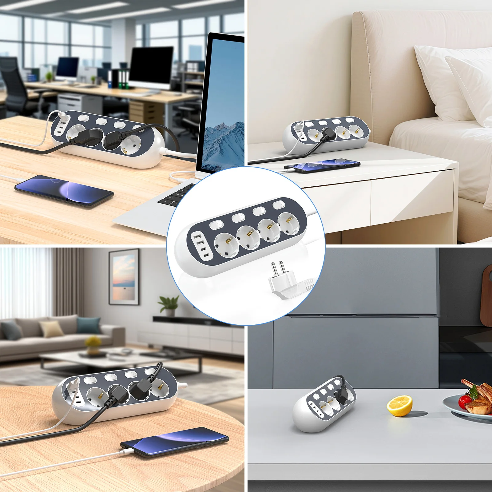 شريط طاقة 8 في 1، 4 مقابس تيار متردد + 2 منفذ USB A + 2 منفذ USB C، شحن سريع 3.4 أمبير، حمايات متعددة، كابل تمديد 2 متر