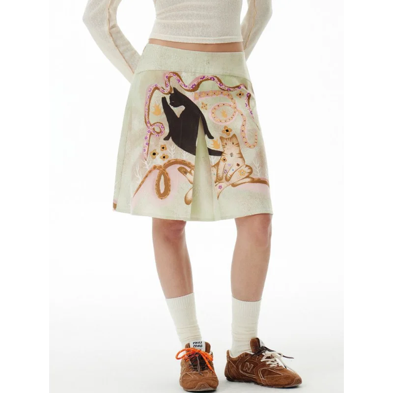 

Women's Cat Print Pleated A-line Skirt High Waist Casual Summer Mini Skirt