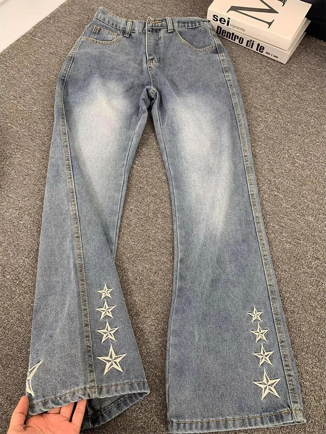 

Retro American Star Embroidery Wide Leg Men's Jeans Summer New Waed Slimming Effect Denim mid Waist Zipper Closure Casual