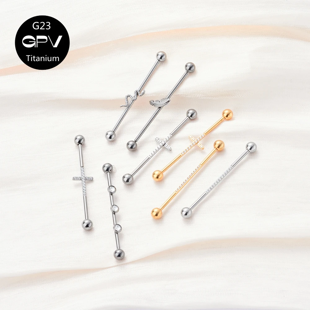G23 Titanium Ear Bone Nail 38mm Two Ear Holes Connected Piercing Jewelry Zircon Cross Ear Nail Ear Bridge Rod