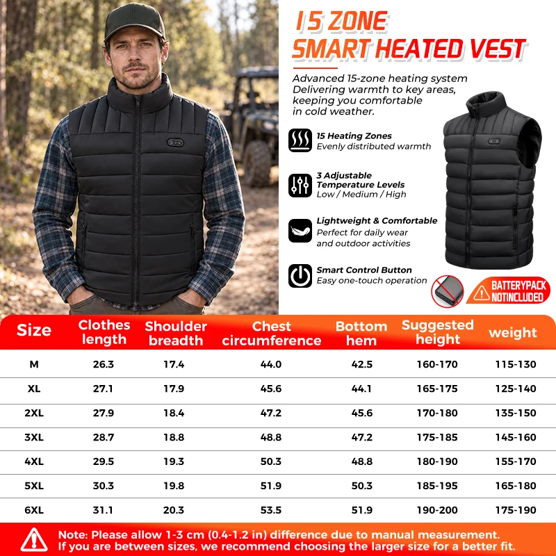 Smart Heated Vest 15 Zones USB Heater Winter Thermal Jacket Liner Soft Comfortable Inner Wear Electric Heating Waistcoat Unisex