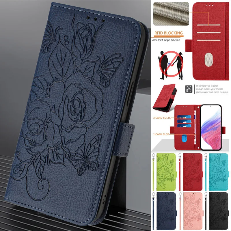 

A55 A15 Rose Leather Case for Samsung Galaxy A55 A15 A54 A14 A34 A24 A25 A35 A05 Magnetic Flip Funda Anti Theft Brush Phone Case