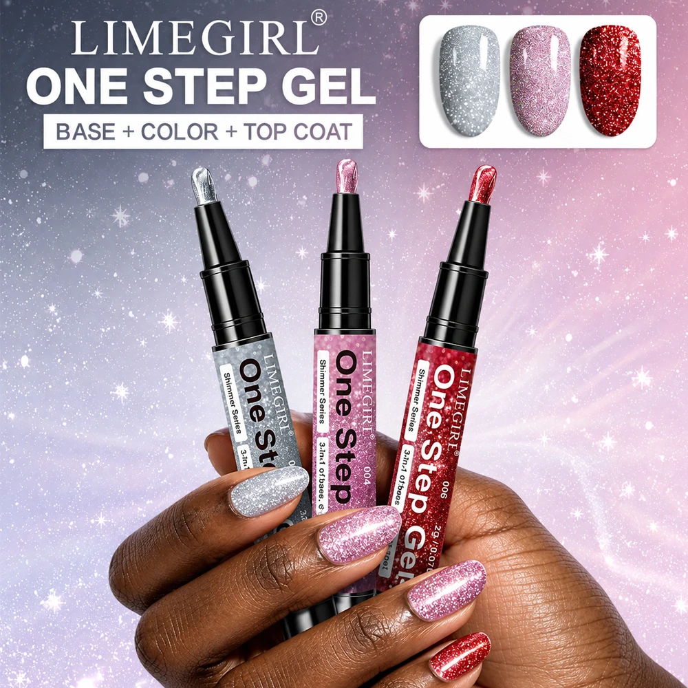 LIMEGIRL 3pcs Glitter One Step Gel Nail Polish Pen No Base Top Coat Needed Quick-Dry Long-Lasting UV LED Glitter Nail Gel Pen