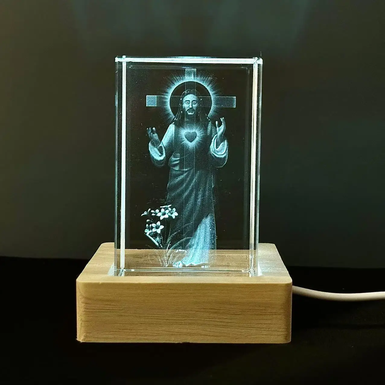 Jesus Cube Crystal LED Night Light Strip Base, Glass Decorative Gift, Suitable for Bedroom, Living Room, Birthday, Mother's Day, - view 6
