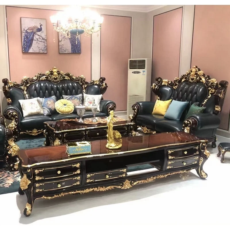 

For Classic Wooden Sofa Set Living Room Furniture,Traditional Leather Couch Design Living Home Luxury Sofa Set