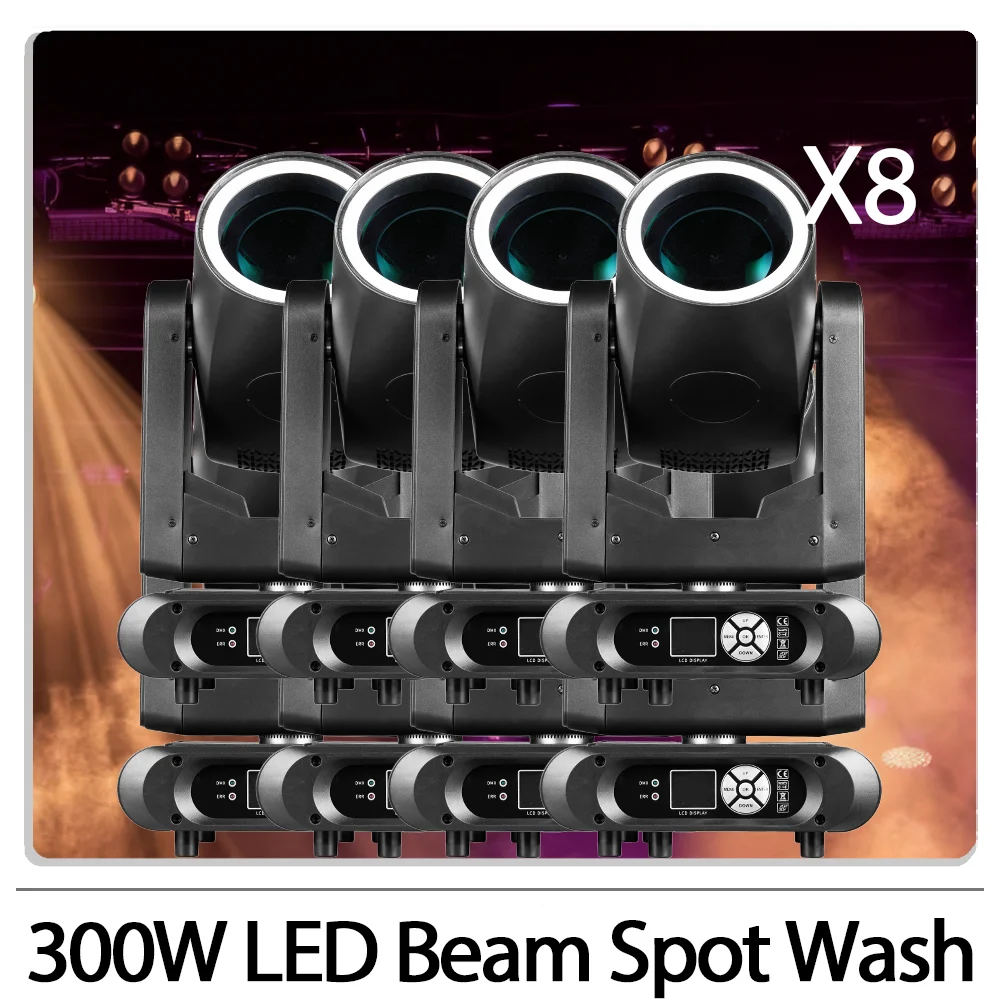 8 قطعة 300 واط LED شعاع تتحرك رئيس ضوء مع حلقة 8 + 18 دوران المنشور التركيز غسل قوس قزح تأثير DMX512 لحزب دي جي ديسكو