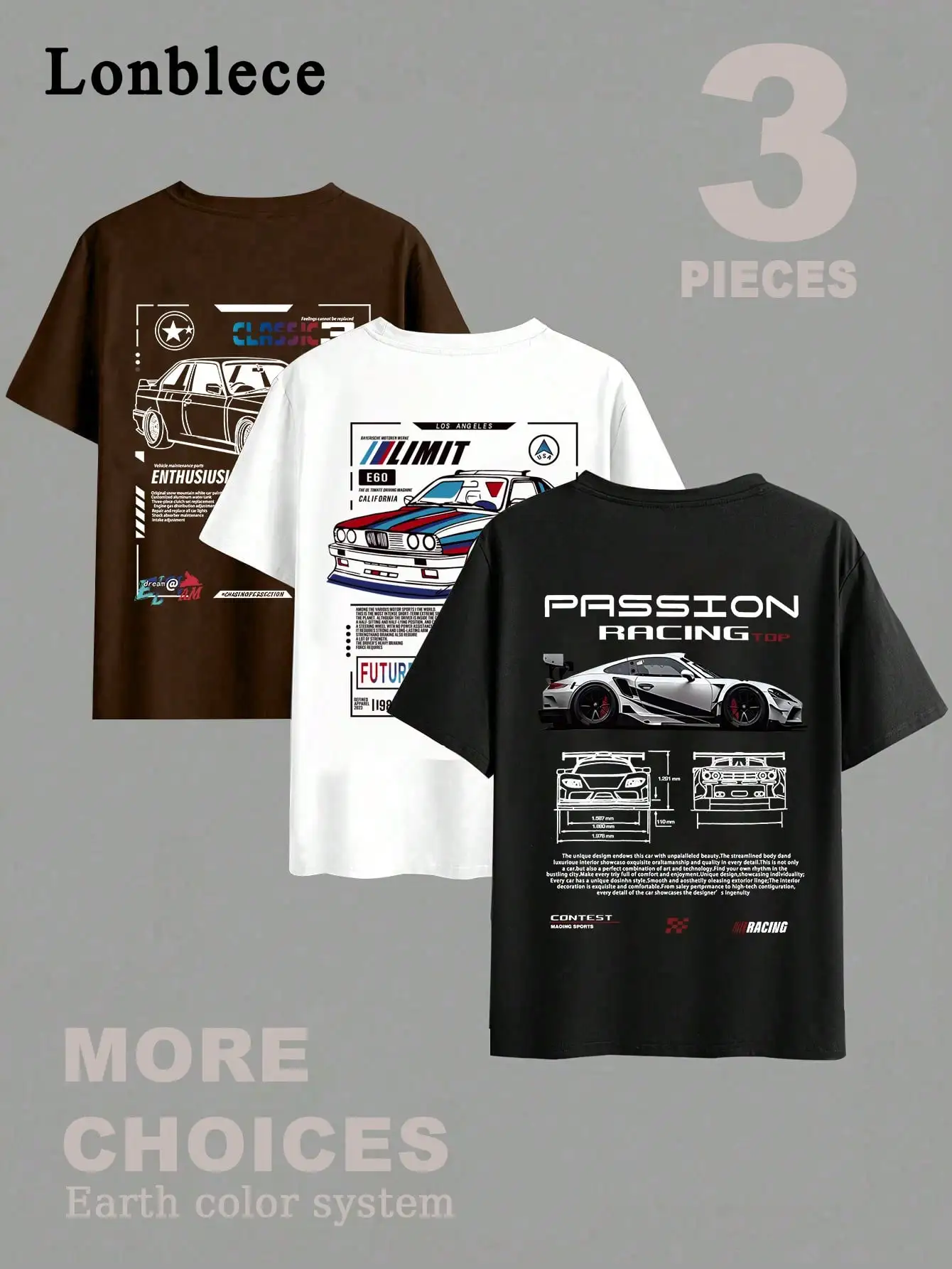 

3-Pack Unisex Casual Round Neck T-Shirts with Vintage Car Graphic Prints