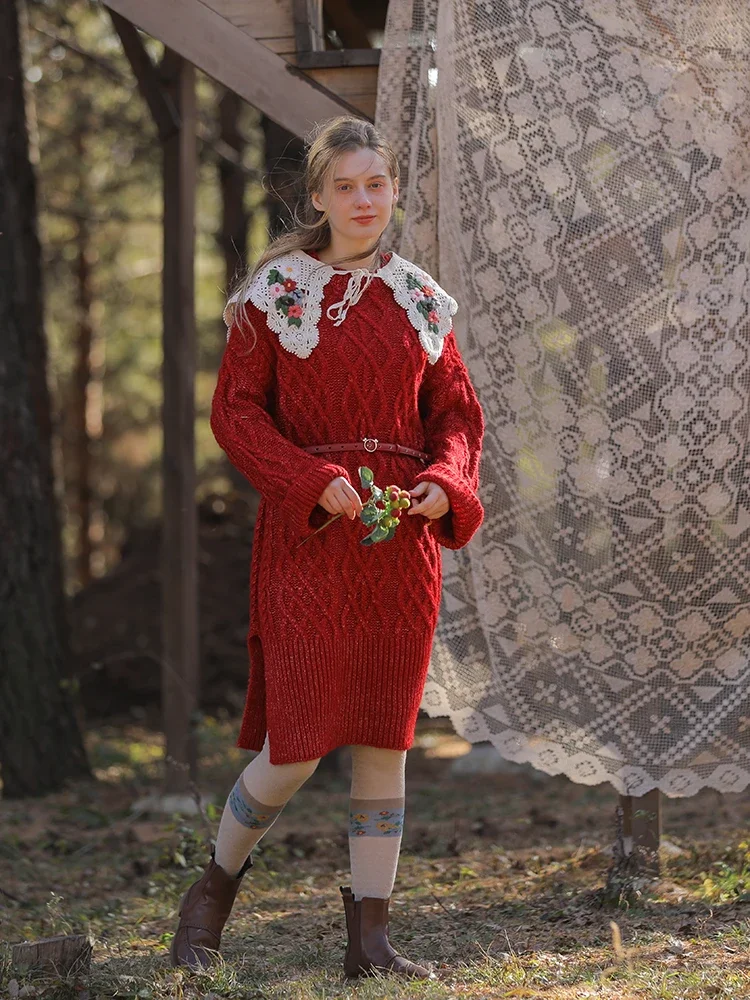 116cm Bust Fall Winter Vintage Red Christmas Sweaters Women Elegant Handmade Embroidery Crochet Collar Long Pullovers Sweaters