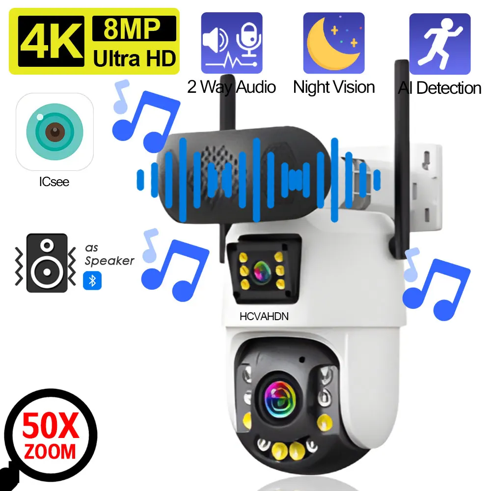 

ICSEE 4K двойной объектив Wi-Fi PTZ IP-камера безопасности 50-кратный зум наружная камера видеонаблюдения для обнаружения человека с Bluetooth-динамиком