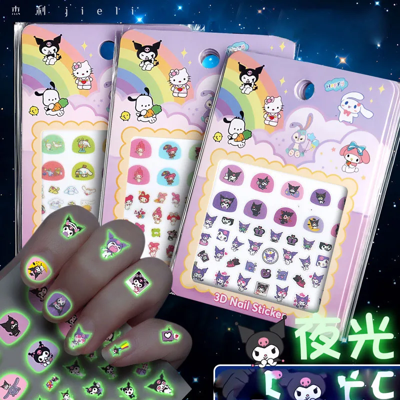 5Pcs/set 3D Miniso Luminous Melody/Kitty Nail Stickers 3D Glow-In-Dark Cartoon Kitty/Pochacco/StellaLou Decal DIY Xmas Girl Gift