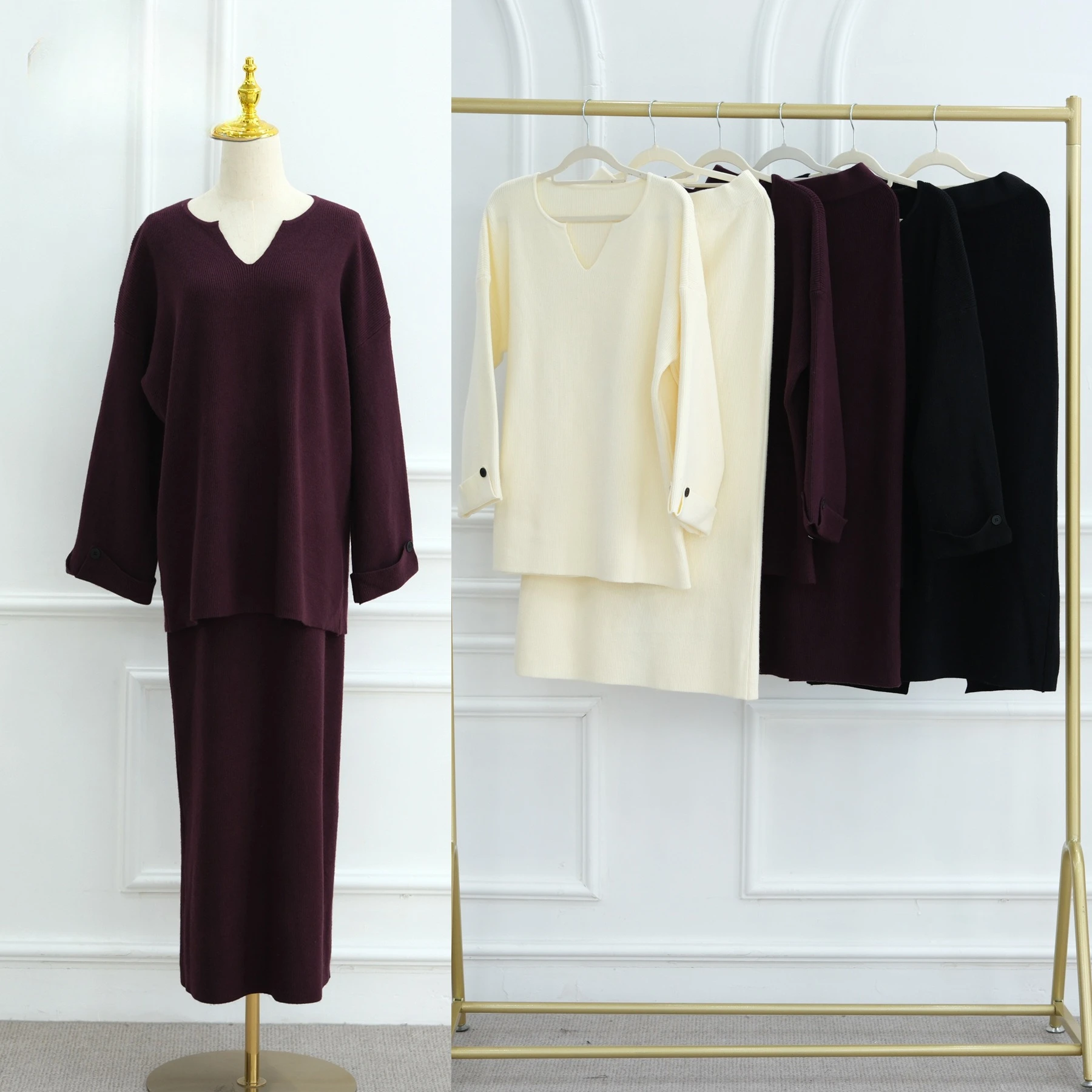 

Новый скромный комплект из двух предметов, дышащий осенне-зимний утепленный вязаный костюм, мусульманский наряд из двух предметов с брюками для женщин