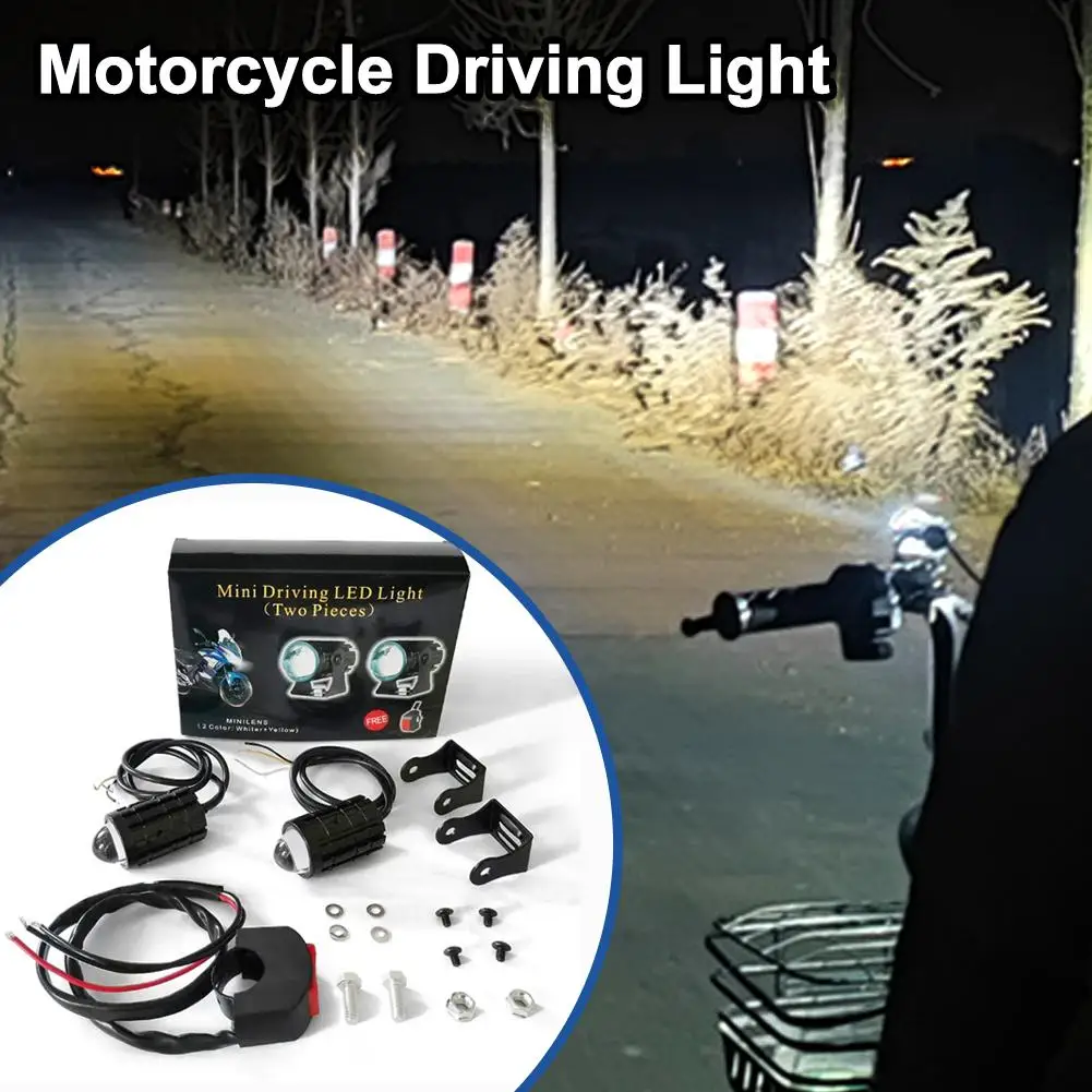 1set Universal Motorcycle LED Headlight Mini Projector Lens Dual Color Car ATV Scooters Driving Fog Light Auxiliary Spotlight