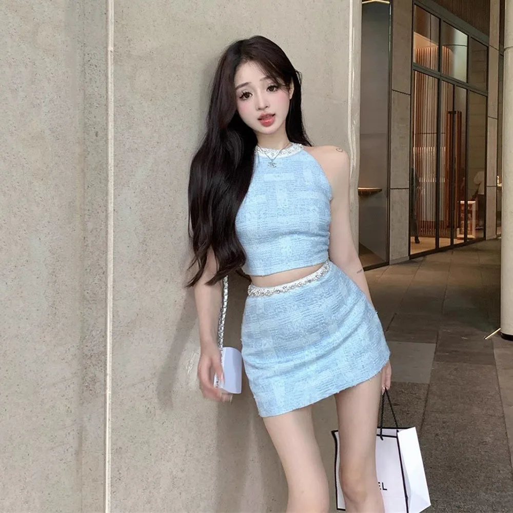 Korean Elegant Summer Korean Fashion Blue Casual Halter Vest Top Women + Sexy Slim Tweed Mini Skirt Diamond Beaded Two-piece Set