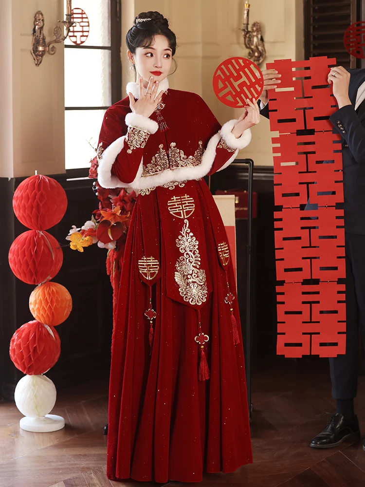 

Winter Wedding Long Sve Fro Coat Thiened Fce Red Evening Dr for Women Marriage Ceremony Banquet Farewell Par