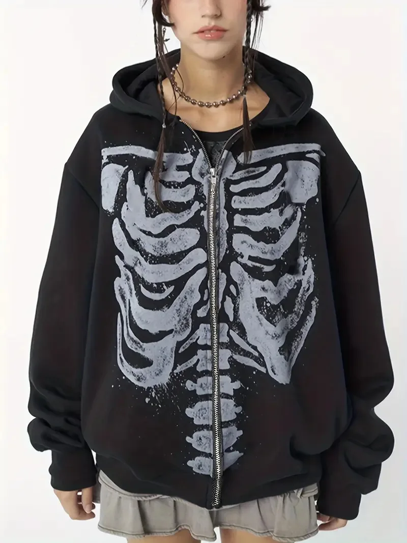 

Halloween Women Autumn Winter Casual Hooded Coat Y2k Skull Print Zipper Hoodie Grunge Long Sleeve Top Gothic Sweatshirt