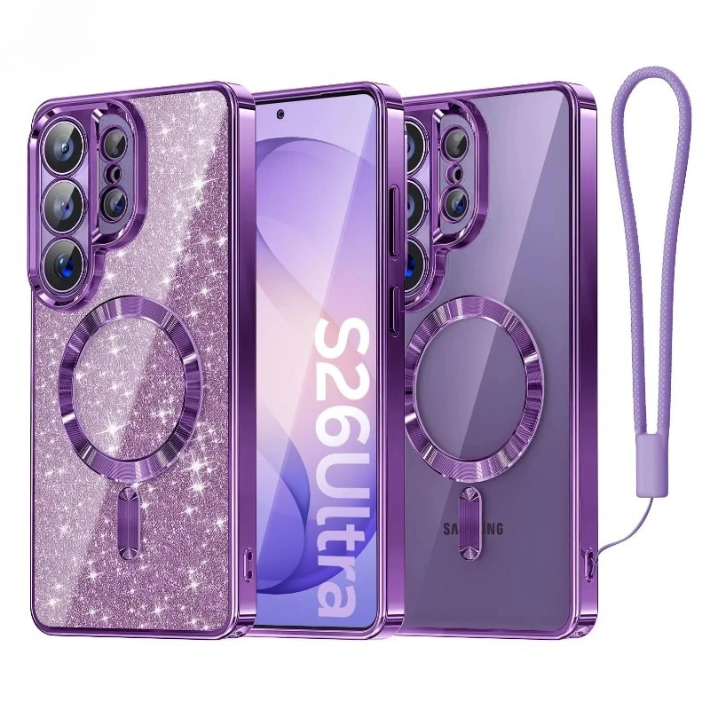 

Glitter Plating Lanyard For Magsafe Case For Samsung Galaxy S26 Ultra S25 S24 S23 S22 S21 Plus Note 20 Magnetic Soft TPU Cover