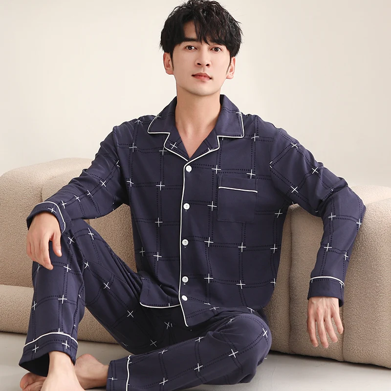 2024 Autumn/Winter New Men's Pajamas Combed Cotton Cardigan Flip Collar Plaid Large Loose Casual 2-piece Set Home Furnishing