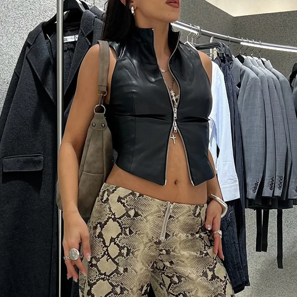 

Sexy Crop Top Women's Faionable Stand Collar PU Vest Exposing Ba Slimming Abdomen Cross-Border Autumn 2024 New Arrival