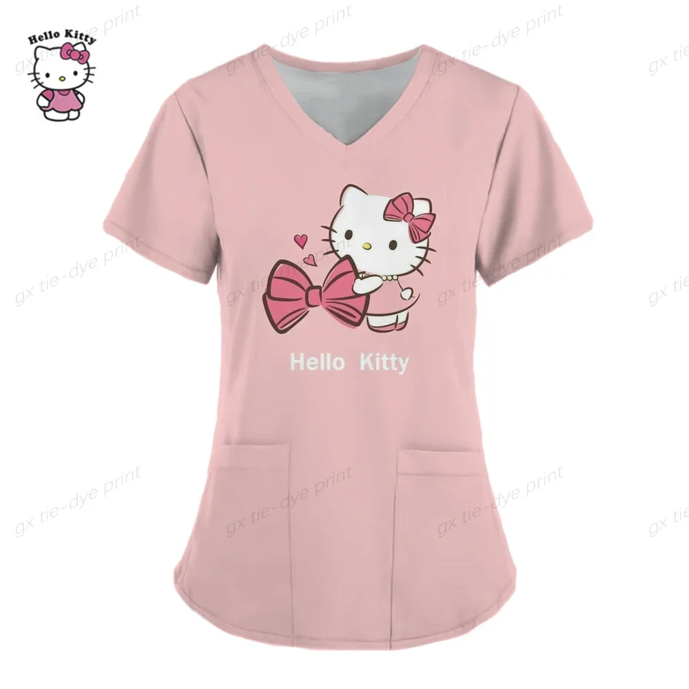 Uniforme da infermiera alla moda da donna, casual, manica corta, Hello Kitty, uniforme da lavoro, tasca, top, uniformi mediche infermieristiche