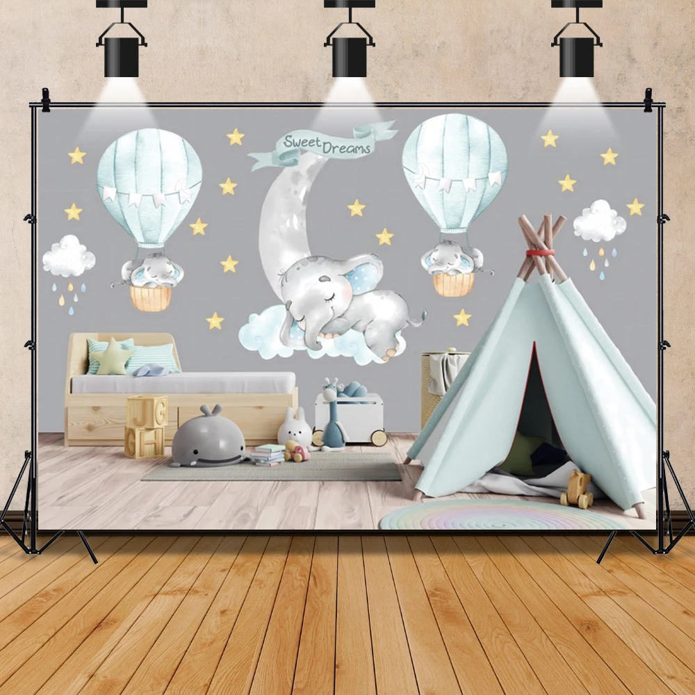 Laeacco Newborn Photography Background Birthday Poster Moon Stars Blue Clouds Baby Shower Cartoon Backgrounds Photocall Backdrop