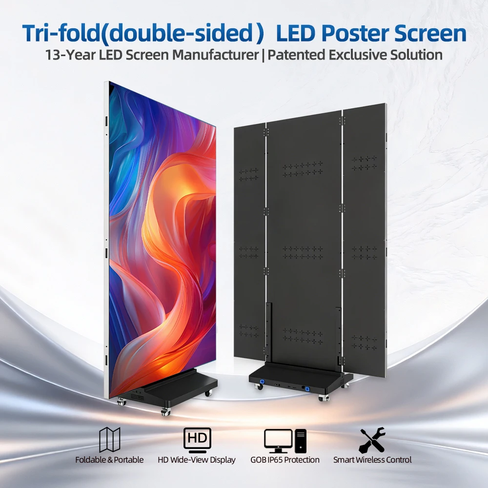 Led Advertising Digital Poster Display P2.5 P1.5 GOB Folding Indoor Double Sided Three Led Tri Fold Poster Foldable Led Screen