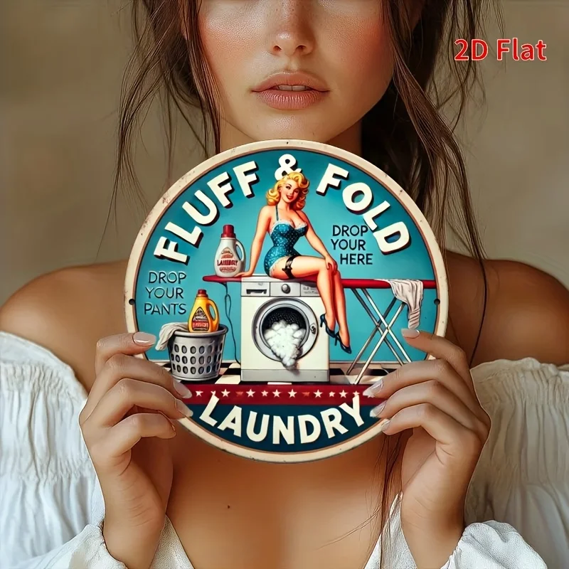 مسطح ثنائي الأبعاد، قطعة واحدة من ديكور الحائط المعدني لغرفة الغسيل العتيقة - آلة الغسيل الرجعية وتصميم المنظفات مع نص "إسقاط السراويل الخاصة بك هنا".