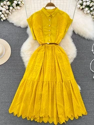 Women Fashion Elegant Vintage Short Sleeved Lapel High Waist A-line Hollow Embroidered Dress Summer Party Robe Vestidos