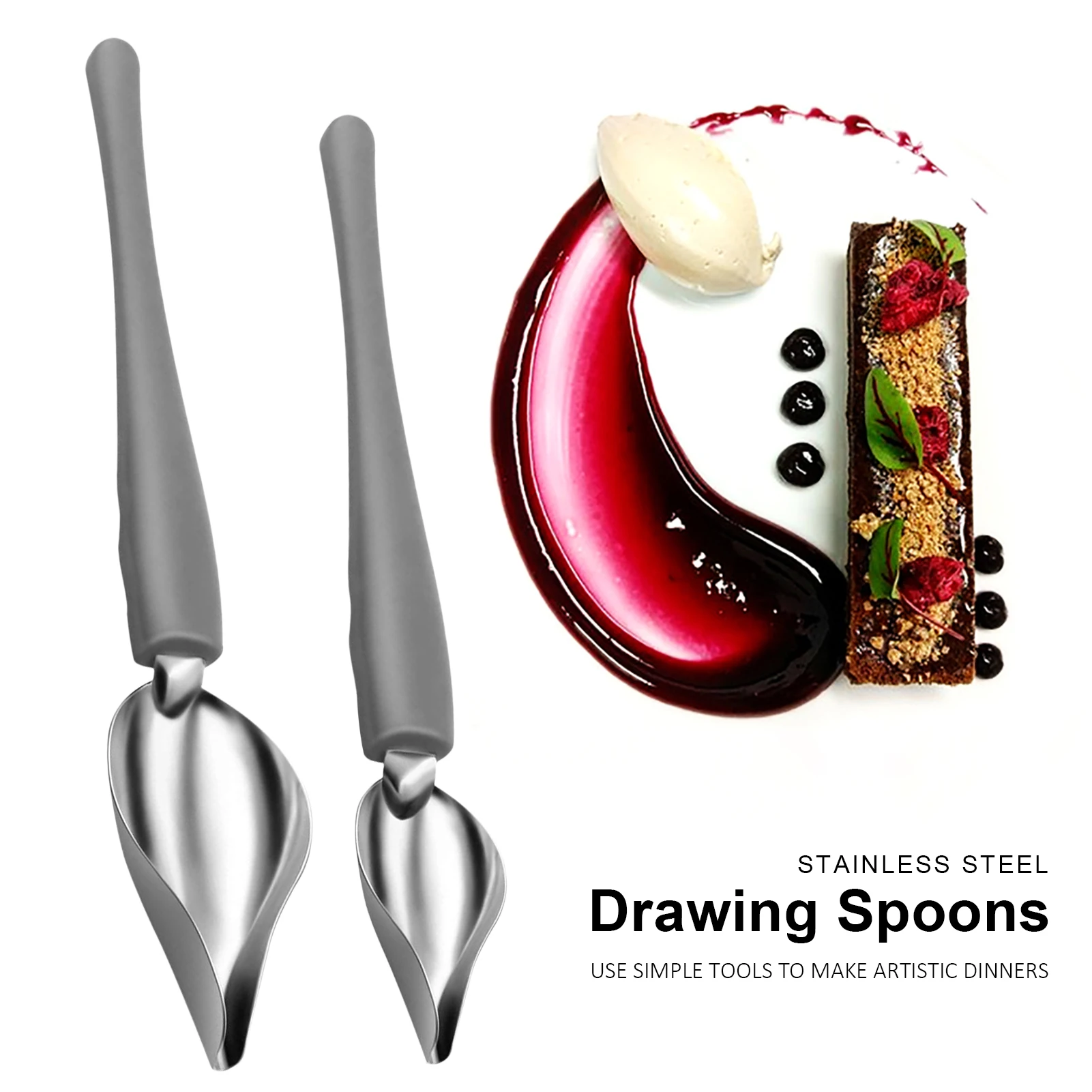 2PC Set Chef Pencil Sauce Painting Spoon Stainless Steel Cuisine Restaurant Western Food Baking Dessert Decor Art Draw Spoons