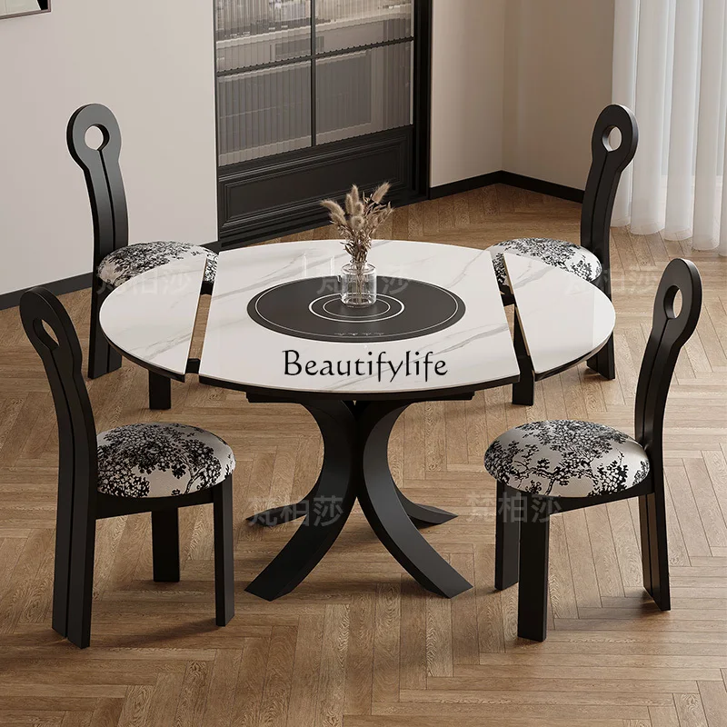 

Black Slate Dining Table, Extendable, Square and Round Dual-use, with Warm Dish Board, High-end Solid Wood