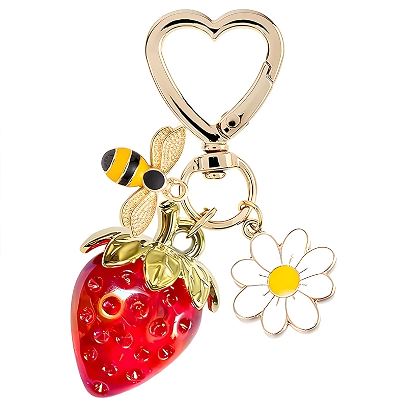 Cute Strawberry Keychain Bag Charm Women Kawaii Flower Car Keyring Handbag Wallet Accessories Pendant Gift