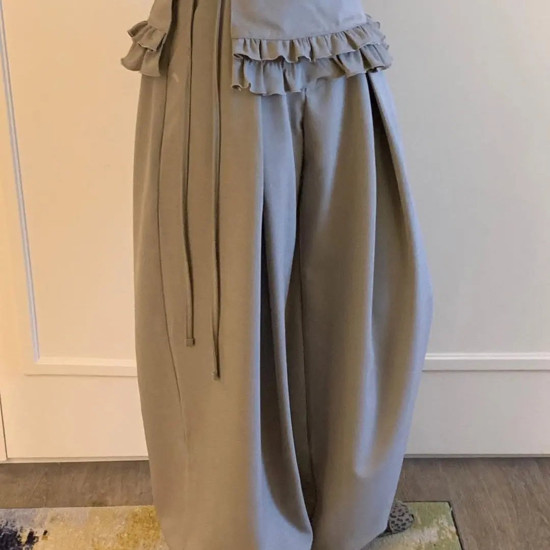 Korean Dongdaemun Unique Design Sensation Age-Defying Wood Ear Lace Casual High Waist Wide Leg Pants Women's Two-Way Wear
