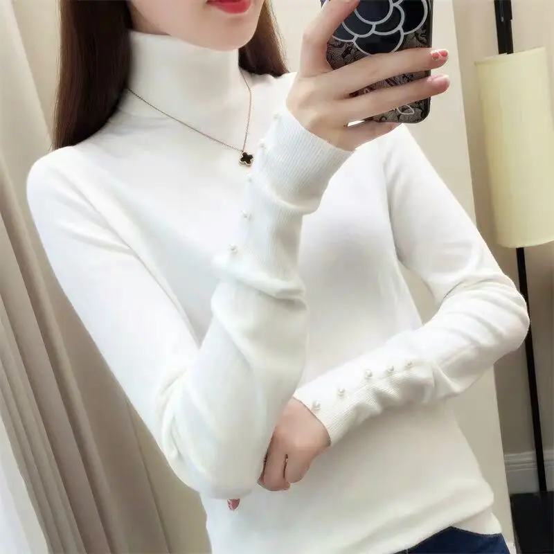 Elegant Fashion Beading Long Sleeve Turtleneck Sweaters Autumn Winter Female Solid Color All-match Basic Women\'s Knitted T-shirt