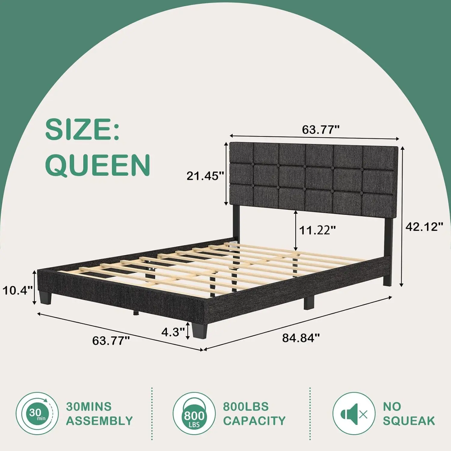 Queen Bed Frame with Headboard, Linen Upholstered Platform Bed Frame with Wood Slats Support, Queen Size Bed Frame