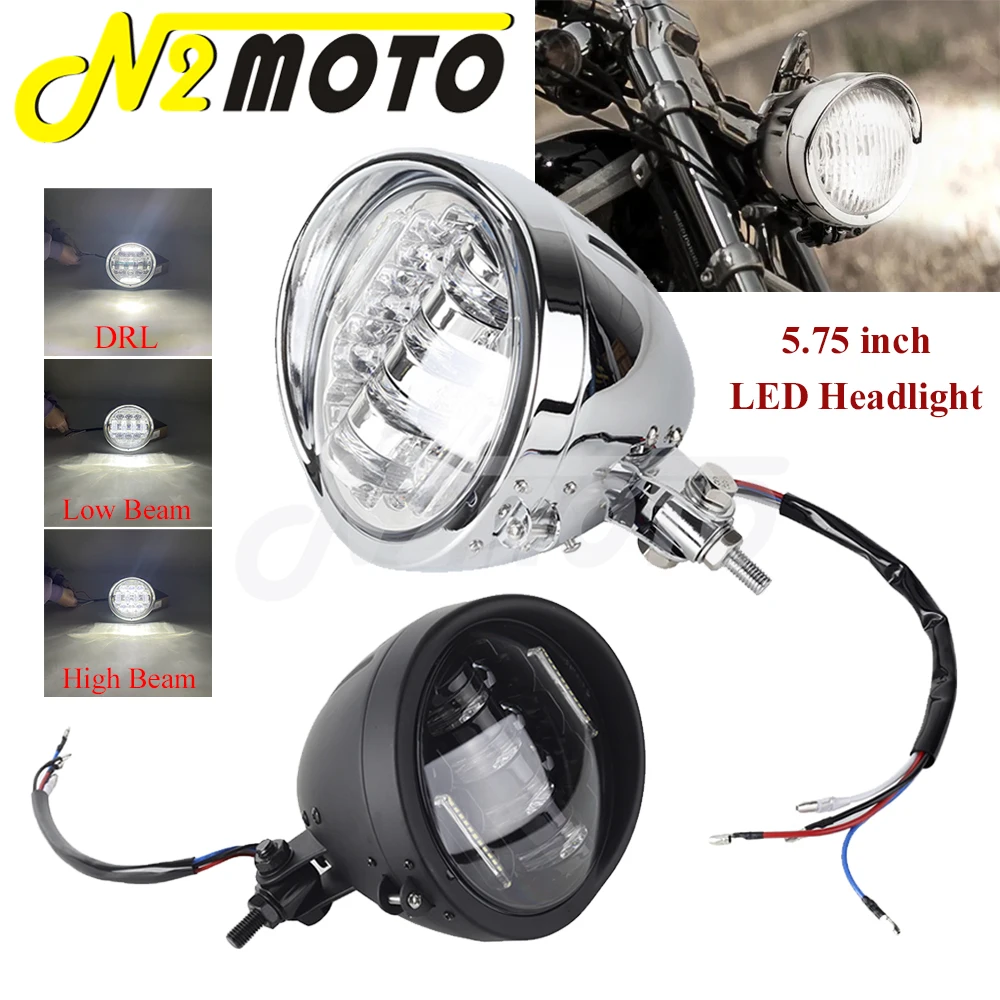 

E9 Motorcycle LED Headlight Universal 5.75" High Low Beam DRL Headlamp Assembly For Caf Racer Bobber Chopper Custom Front Light