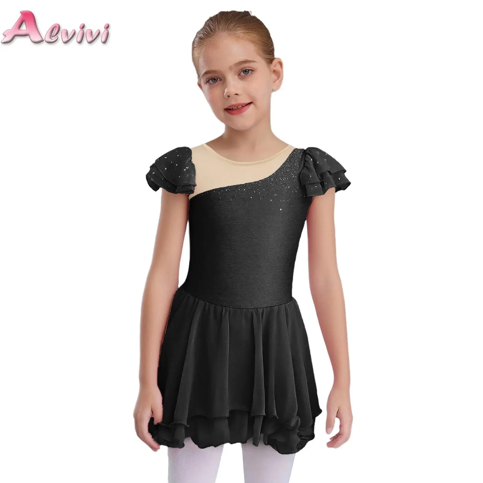 

Girls Ballet Leotards Dresses Pink Ballet Dress Shiny Rhinestones Ruffle Sleeves Ballet Dance Costumes Gymnastic Bodysuits