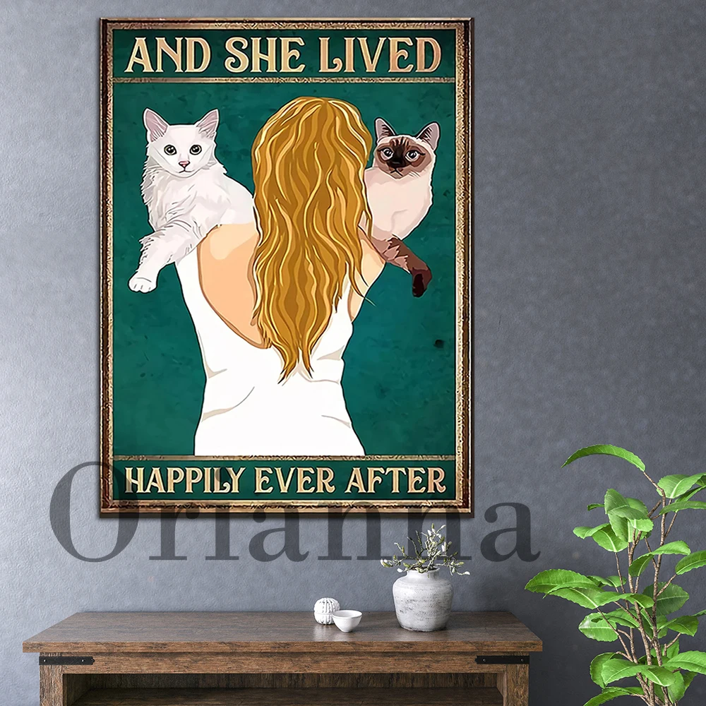 Cat And She Lived Happily Ever After Retro Canvas Poster, Cat Mom Poster, Love Cat Vintage Poster, Cat Lovers Home Decor Gift