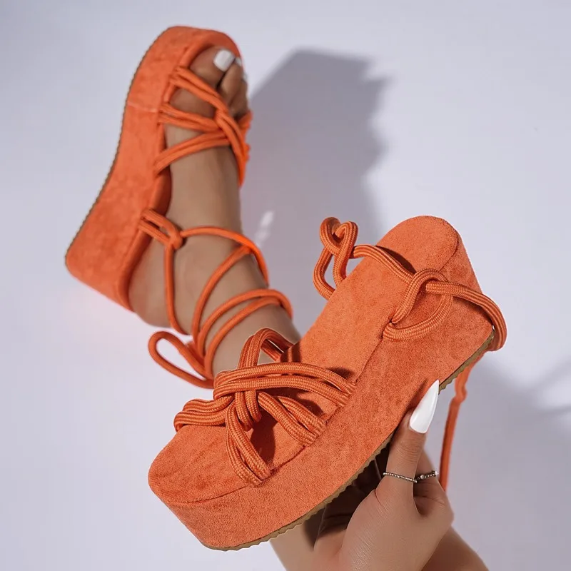 

New Thick Soled Summer Wedge Lace Up Sandals Women's Fashion Round Toe Cross Tied Height Increase Open Toe Slides Women Sandals