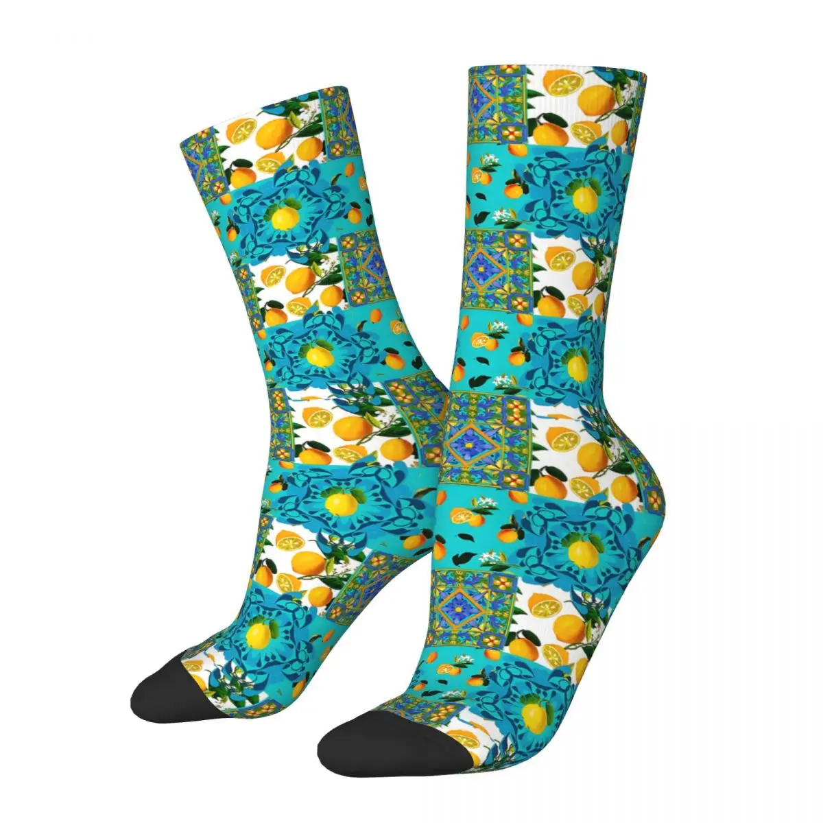 Majolica,Lemons,Citrus,Flowers,Tiles,Summer Kawaii Socks Shopping Cartoon Pattern Socks