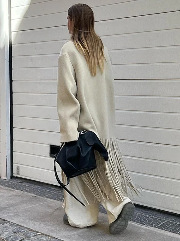 

Street Elegant Tassel Patchwork Coat Women Loose Turn-down Collar Button Long Sleeve Female Overcoat 2025 Spring Lady Outwear