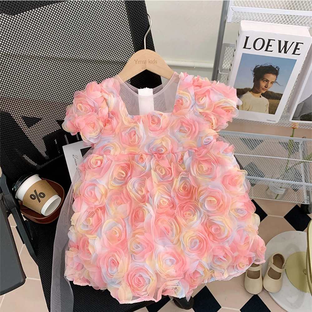 

Girls Sweet Pink 3D Flower Appliques Mesh Dress Casual Kids Summer A-Line Puff Sleeve Princess Vestidos 2-6Y Children Clothing